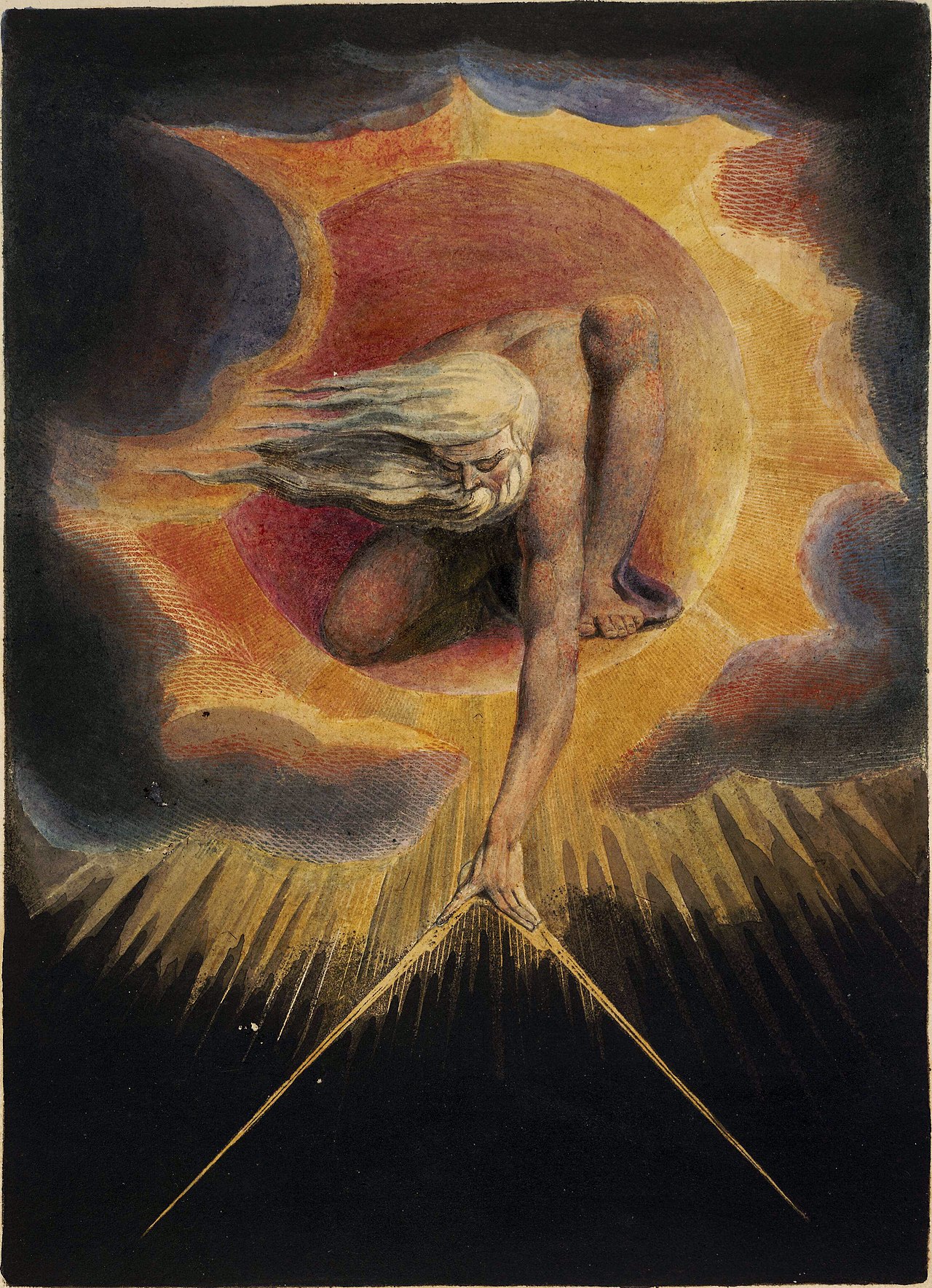 The Ancient of Days — William Blake (1794), frontispiece to Europe: A Prophecy. Often read as the Demiurge imposing geometric order on chaos