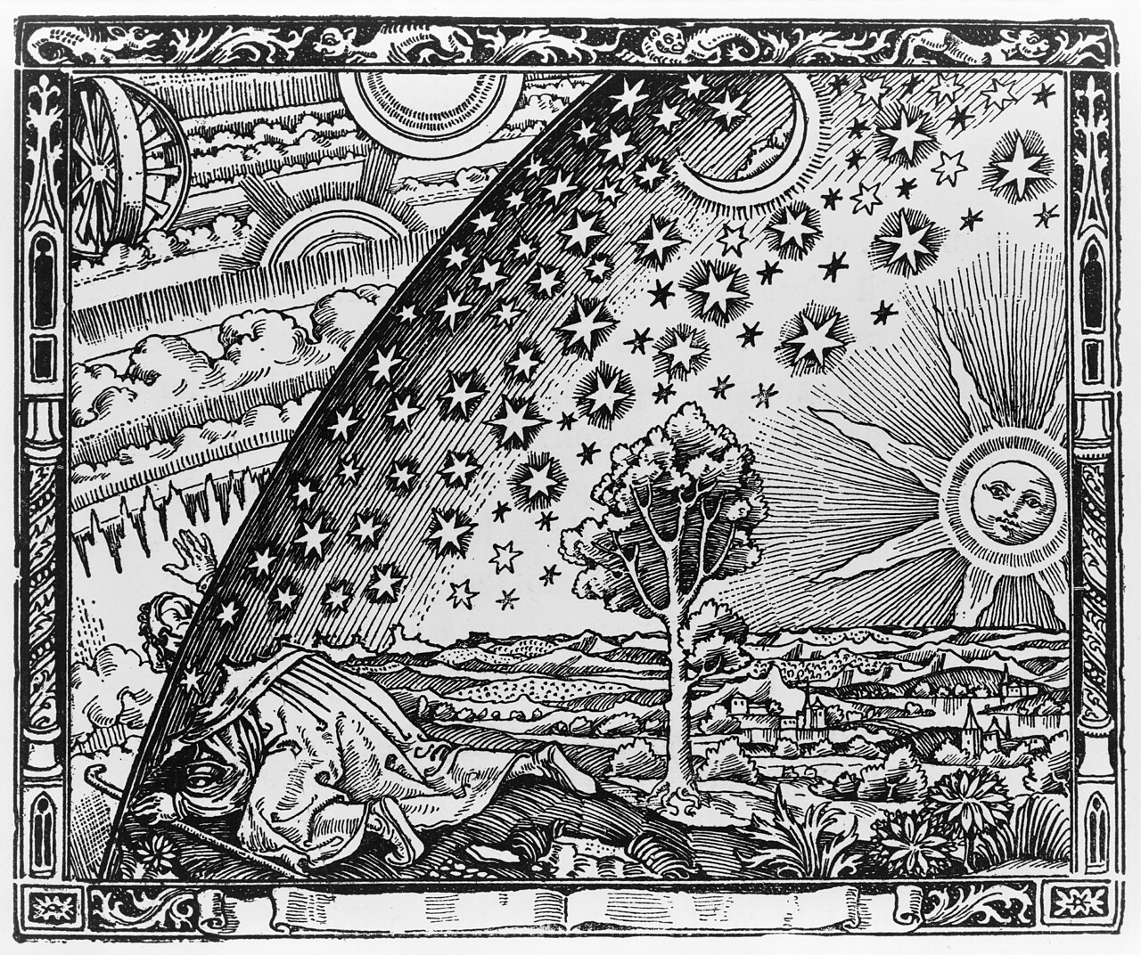 The Flammarion engraving (1888) — a seeker reaches the edge of the material world and peers through into the celestial machinery beyond. A visual metaphor for gnosis piercing the boundary between cosmos and Pleroma