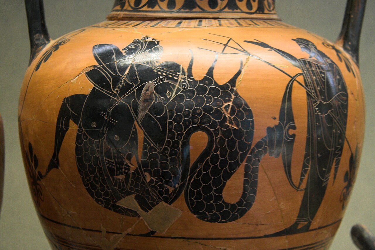 Heracles with Athena — black-figure amphora (c. 510 BCE), British Museum. The archetypal hero guided by divine wisdom