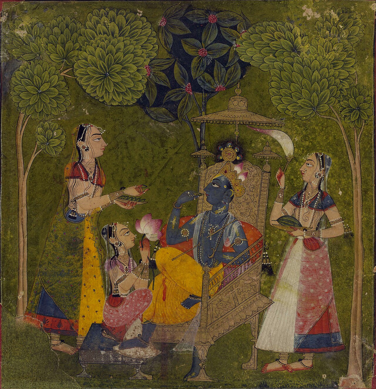 Vishnu dreaming the cosmos into existence while reclining on the serpent Shesha — Rajasthani painting (c. 1710). The created world as the dream of the divine