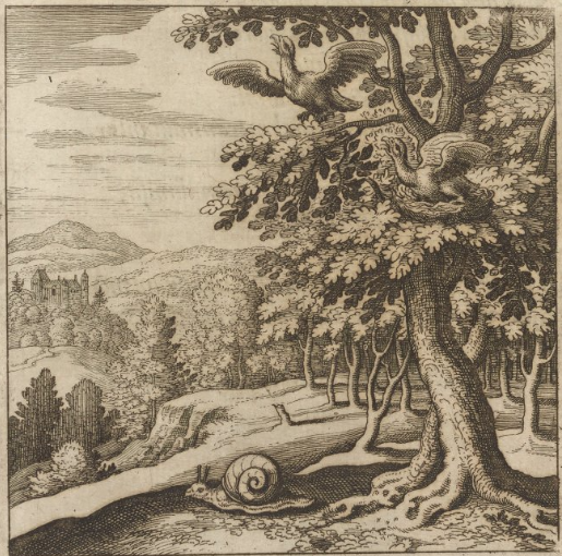 A drawing of a tree with birds and a snail