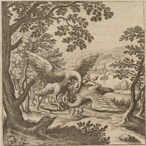 A drawing of two birds fighting