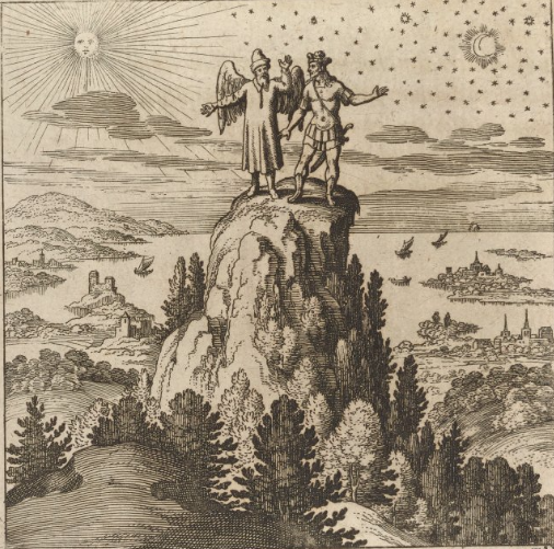 A drawing of two men standing on a mountain