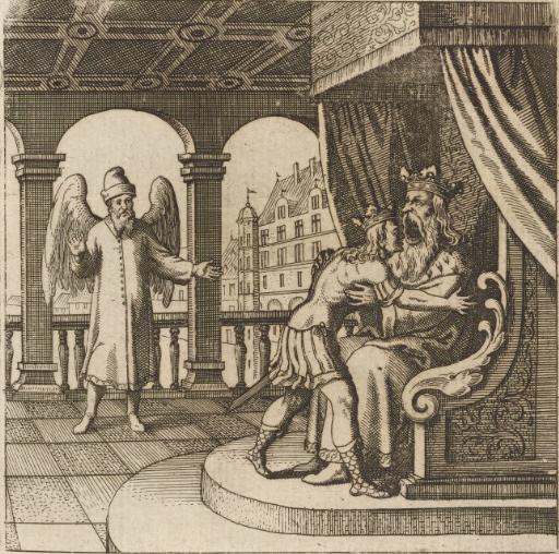 a man with wings stands before a king on a throne who is about to devour his son