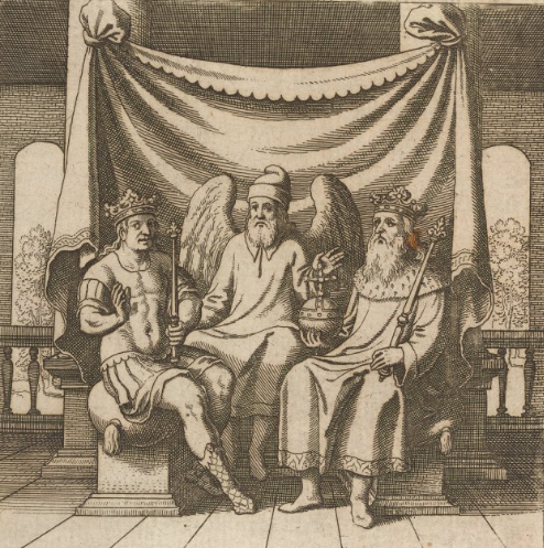the king, the son, and a man with wings sat on a throne