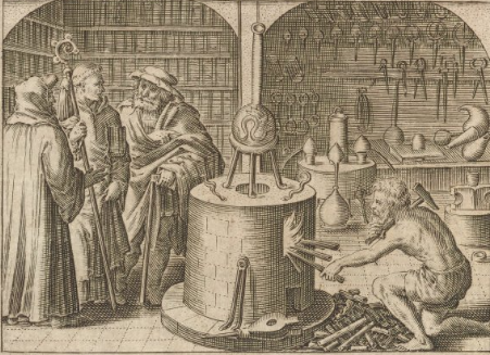 alchemist study with one person working, and 3 standing