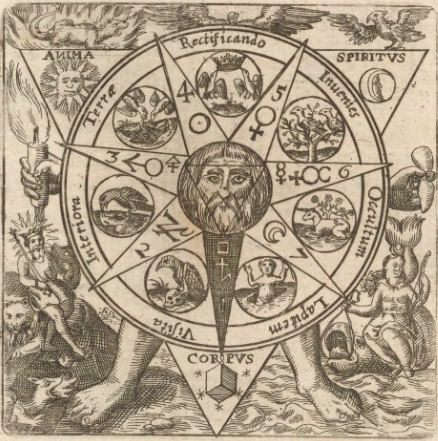 A seven pointed star within a circle, with symbols