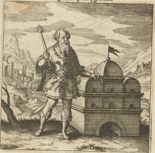 A man holding a stick, standing next to a castle