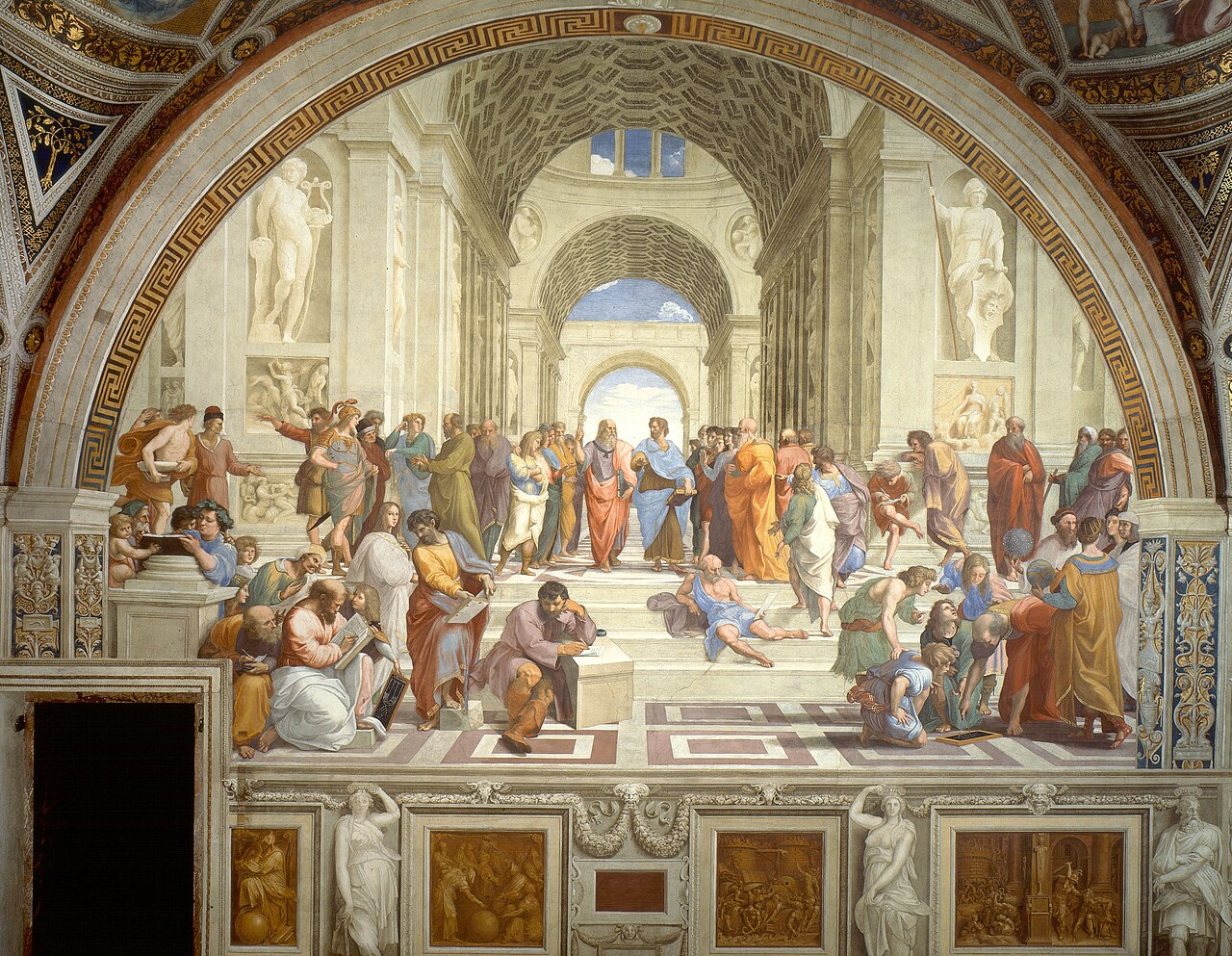 The School of Athens — Raphael (1509–1511), Vatican Apostolic Palace. Plato and Aristotle at center, surrounded by the great philosophers